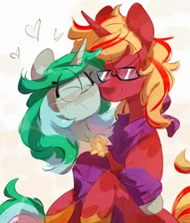 Size: 2550x3000 | Tagged: safe, artist:pakmur, derpibooru import, oc, oc:emeraldine stitch, oc:phoenix quill, unofficial characters only, unicorn, clothes, commission, cute, eyes closed, glasses, green skin, half body, heart, horn, hug, image, multicolored hair, oc x oc, png, red skin, scarf, shipping, simple background, smiling, ych result