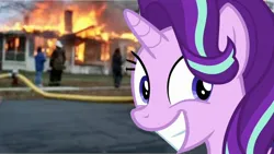 Size: 1280x720 | Tagged: safe, artist:starlightglimmer04, derpibooru import, starlight glimmer, unicorn, g4, no second prances, disaster girl, dissaster girl, female, fire, horn, image, jpeg, meme, smiling