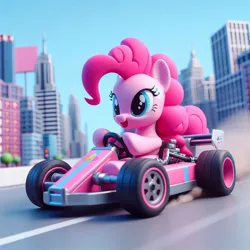 Size: 1024x1024 | Tagged: safe, ai content, derpibooru import, machine learning generated, pinkie pie, earth pony, g4, cart, female, image, jpeg, mario kart, new york city, prompter:pinkiepiepics, racing, solo, super mario bros.