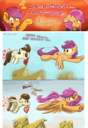 Size: 1280x1853 | Tagged: safe, artist:redheadfly, derpibooru import, pound cake, scootaloo, pegasus, pony, g4, animated, art evolution, colt, crush, duo, duo male and female, female, floating heart, flying, foal, gif, heart, heart eyes, hearts and hooves day, holiday, image, male, mare, motion blur, mouth hold, older, older pound cake, older scootaloo, self paradox, self ponidox, speed lines, tumblr:ask-adultscootaloo, valentine, valentine's day, wingding eyes