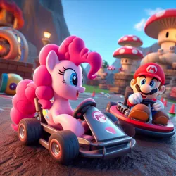 Size: 1024x1024 | Tagged: safe, ai content, derpibooru import, machine learning generated, pinkie pie, earth pony, human, pony, g4, female, image, jpeg, male, mario, mario kart, mushroom kingdom, nintendo, prompter:pinkiepiepics, super mario bros.