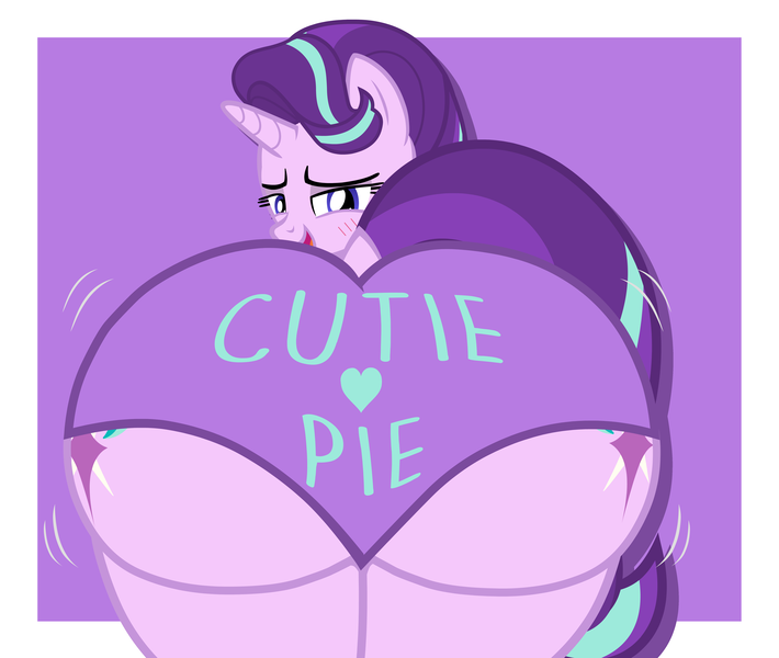 Size: 5946x5026 | Tagged: suggestive, alternate version, artist:duskyzombie, derpibooru import, starlight glimmer, pony, unicorn, g4, blushing, butt, clothes, cute, female, glimmer glutes, glimmerbetes, horn, image, lidded eyes, looking back, mare, open mouth, plot, png, presenting, purple background, rear view, simple background, smiling, solo, the ass was fat, underwear, wiggle