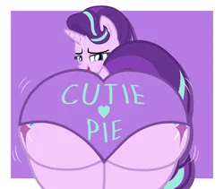 Size: 5946x5026 | Tagged: suggestive, alternate version, artist:duskyzombie, derpibooru import, starlight glimmer, pony, unicorn, g4, blushing, butt, clothes, cute, female, glimmer glutes, glimmerbetes, horn, image, lidded eyes, looking back, mare, open mouth, plot, png, presenting, purple background, rear view, simple background, smiling, solo, the ass was fat, underwear, wiggle