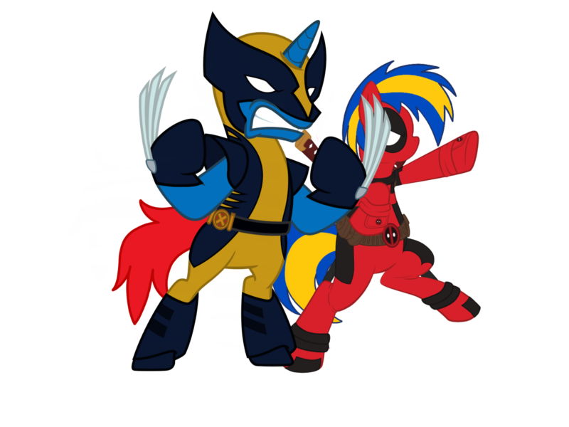 Size: 2048x1536 | Tagged: safe, artist:mlpfan3991, artist:ry-bluepony1, derpibooru import, oc, oc:flare spark, oc:train track, unofficial characters only, pegasus, unicorn, g4, deadpool, horn, image, marvel, png, simple background, transparent background, vector, wolverine