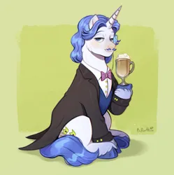 Size: 1956x1962 | Tagged: safe, artist:birdoffnorth, derpibooru import, fancypants, pony, unicorn, g4, blushing, cheek fluff, coffee, drink, green background, horn, image, lidded eyes, looking at you, male, monocle, passepartout, png, signature, simple background, sitting, smiling, smiling at you, solo, stallion