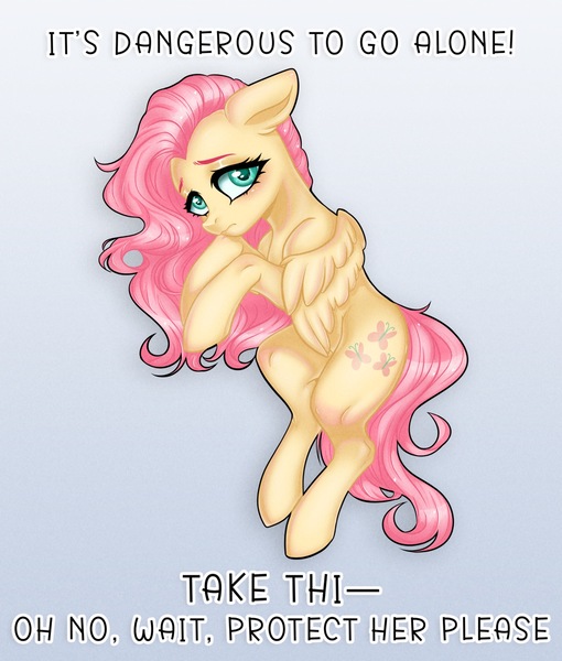 Size: 1638x1926 | Tagged: safe, artist:murny, derpibooru import, fluttershy, pegasus, pony, g4, cute, digital art, female, image, it's dangerous to go alone, jpeg, meme, shy, solo, solo focus