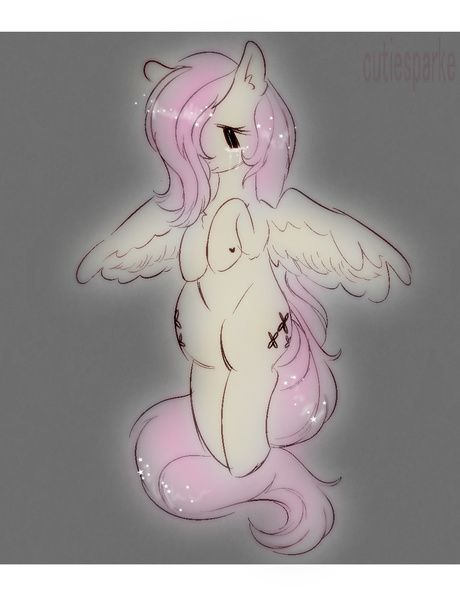 Size: 942x1230 | Tagged: safe, artist:cutiesparke, derpibooru import, fluttershy, pegasus, pony, g4, both cutie marks, chest fluff, crying, ear fluff, flying, gray background, hoof heart, image, lightly watermarked, looking down, messy mane, messy tail, png, simple background, solo, spread wings, stars, tail, underhoof, unkempt mane, watermark, wings