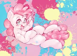 Size: 1955x1414 | Tagged: safe, artist:kurogewapony, derpibooru import, pinkie pie, earth pony, pony, blushing, female, image, looking at you, lying down, mare, on back, paint splatter, png, smiling, smiling at you, solo, underhoof