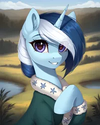 Size: 2048x2560 | Tagged: safe, ai content, derpibooru import, generator:awpmixxl, machine learning generated, stable diffusion, oc, oc:river swirl, unofficial characters only, pony, unicorn, equestria at war mod, beautiful, bust, clothes, coat, cute, ear fluff, eye clipping through hair, female, field, horn, image, jpeg, looking at you, mare, outdoors, portrait, prompter:frostru, raised hoof, smiling, smiling at you, solo, unicorn oc