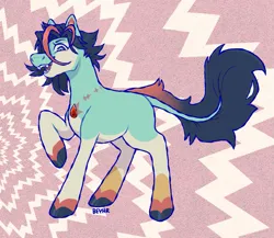 Size: 1287x1119 | Tagged: safe, artist:beyhr, derpibooru import, oc, oc:opto, ponified, unofficial characters only, earth pony, pony, artfight, blank flank, blue coat, blue eyes, blue text, body scar, coat markings, colored belly, colored eyebrows, colored fetlocks, colored hooves, colored legs, earth pony oc, eye markings, eyelashes, facial markings, fangs, fluffy mane, fluffy tail, gem, gift art, gradient tail, gray hooves, gray tail, hooves, image, light blue coat, long tail, looking down, male, male oc, neck scar, open mouth, open smile, pale belly, patterned background, png, ponified oc, raised hoof, scar, shiny mane, signature, smiling, socks (coat marking), solo, stallion oc, standing, standing on three hooves, tail, text, thin tail, turquoise coat, two toned eyes, two toned mane, two toned tail, wall of tags, white belly