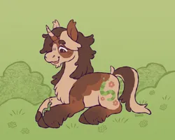 Size: 1300x1038 | Tagged: safe, artist:beyhr, derpibooru import, oc, oc:junebug shine, unofficial characters only, caterpillar, pony, unicorn, artfight, brown coat, brown eyes, brown hooves, brown mane, brown tail, bush, chin fluff, coat markings, colored ears, colored eyebrows, colored hooves, colored legs, curved horn, ear tufts, eyebrows, eyebrows visible through hair, facial markings, female, female oc, fetlock tuft, gift art, grass, hooves, horn, image, leg markings, long mane, long tail, looking at something, lying down, mare, mare oc, mismatched ears, open mouth, open smile, outdoors, png, ponysona, prone, smiling, solo, tail, two toned horn, two toned mane, two toned tail, unicorn horn, unicorn oc, wall of tags