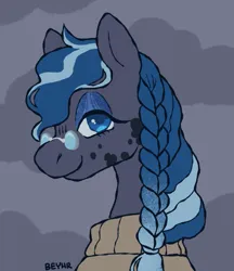 Size: 749x867 | Tagged: safe, artist:beyhr, derpibooru import, oc, oc:stormy tracks, unofficial characters only, earth pony, pony, artfight, blue eyes, blue eyeshadow, blue mane, braid, bust, clothes, earth pony oc, eyelashes, eyeshadow, female, female oc, fringe, gift art, glasses, gray coat, image, lidded eyes, long mane, looking at you, makeup, mare, mare oc, not luna, png, profile, signature, small glasses, smiling, smiling at you, solo, sparkly eyeshadow, sweater, tail, tied mane, turtleneck, turtleneck sweater, two toned background, two toned tail