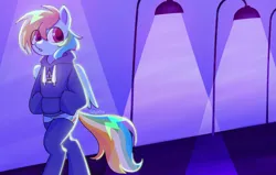 Size: 2048x1303 | Tagged: safe, artist:sillyp0ne, derpibooru import, rainbow dash, pegasus, pony, semi-anthro, g4, backlighting, backwards cutie mark, big eyes, bill cipher, bipedal, blue hoodie, blue socks, clothes, colored eyelashes, colored pupils, eye clipping through hair, featureless crotch, female, folded wings, frown, gravity falls, hoodie, hooves in pockets, image, long socks, looking back, mare, night, outdoors, png, purple eyelashes, purple pupils, shiny mane, shiny tail, signature, socks, solo, streetlight, thigh highs, walking, wings