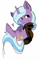 Size: 837x1295 | Tagged: safe, artist:appledash3r_, derpibooru import, idw, radiant hope, pony, unicorn, g4, blue mane, blue tail, clothes, colored pinnae, colored sketch, female, floating heart, gift art, heart, horn, image, jpeg, looking back, mare, no catchlights, purple coat, purple heart, raised hoof, raised hooves, raised leg, robe, simple background, sketch, smiling, solo, tail, two toned mane, two toned tail, white background