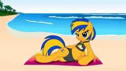 Size: 3840x2160 | Tagged: safe, artist:ejlightning007arts, derpibooru import, oc, oc:flare spark, unofficial characters only, pegasus, pony, beach, clothes, female, image, mare, ocean, pegasus oc, png, solo, sunset shimmer swimsuit, swimsuit, towel, water, wings