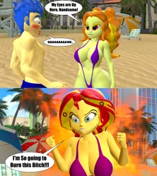 Size: 4800x5403 | Tagged: suggestive, artist:mr-wolfapex, derpibooru import, adagio dazzle, flash sentry, sunset shimmer, human, equestria girls, g4, 3d, angry, beach, bikini, blushing, breasts, busty adagio dazzle, busty sunset shimmer, clothes, dialogue, female, fiery shimmer, flashagio, flashimmer, flirting, gmod, image, male, png, sexy, shipping, sling bikini, straight, sweat, swimsuit, thighs, thunder thighs, vulgar, wide hips