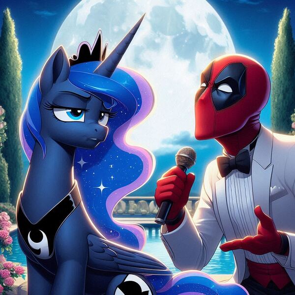 Size: 1024x1024 | Tagged: safe, ai content, derpibooru import, machine learning generated, prompter:mraquino, princess luna, alicorn, g4, annoyed, crossover, deadpool, garden, generator:bing image creator, generator:dall-e 3, image, jpeg, marvel, moon