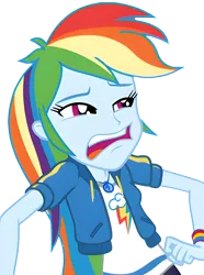 Size: 4160x5584 | Tagged: safe, derpibooru import, edit, edited screencap, screencap, rainbow dash, human, equestria girls, equestria girls series, g4, overpowered (equestria girls), background removed, clothes, disgusted, do not want, funny face, geode of super speed, grossed out, image, jacket, magical geodes, my little pony equestria girls: better together, not a vector, png, rainbow dash is best facemaker, shirt, simple background, teeth, transparent background, wristband