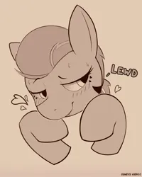 Size: 1877x2341 | Tagged: safe, artist:sunrise_hooves, derpibooru import, oc, unofficial characters only, earth pony, pony, blush lines, blushing, earth pony oc, fangs, female, floating heart, heart, image, jpeg, lewd, lidded eyes, mare, monochrome, signature, simple background, smiling, solo, sweat, tan background