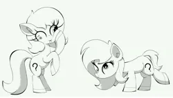 Size: 8309x4733 | Tagged: safe, artist:scandianon, derpibooru import, pony, black and white, derp, female, filly, foal, grayscale, hoof on chin, image, jpeg, monochrome, rearing, simple background, tongue out, wall eyed, white background