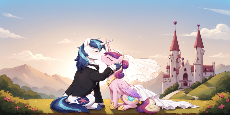 Size: 2400x1200 | Tagged: safe, ai content, derpibooru import, machine learning generated, prompter:greesys, princess cadance, shining armor, alicorn, pony, unicorn, castle, clothes, dress, duo, duo male and female, female, horn, hug, image, kissing, male, png, scenery, sun, tuxedo, wedding dress