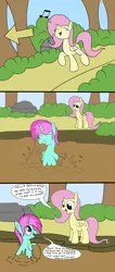 Size: 2000x4718 | Tagged: safe, artist:amateur-draw, derpibooru import, fluttershy, oc, oc:belle boue, pegasus, pony, unicorn, 3 panel comic, canon x oc, comic, female, forest, horn, image, male, mare, mud, mud bath, muddy, nature, outdoors, png, singing, stallion, tree, wet and messy