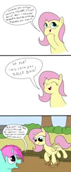 Size: 2000x4865 | Tagged: safe, artist:amateur-draw, derpibooru import, fluttershy, oc, oc:belle boue, pegasus, pony, unicorn, 3 panel comic, comic, female, forest, horn, image, male, mare, mud, mud bath, muddy, nature, outdoors, png, simple background, stallion, text, tree, wet and messy, white background