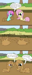 Size: 2000x4682 | Tagged: safe, artist:amateur-draw, derpibooru import, oc, oc:belle boue, pegasus, pony, unicorn, 3 panel comic, canon x oc, comic, covered in mud, female, horn, image, male, mare, mud, mud bath, muddy, png, stallion, text, wet and messy