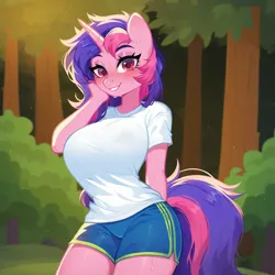 Size: 1536x1536 | Tagged: suggestive, ai content, derpibooru import, machine learning generated, prompter:funnyglow144, stable diffusion, oc, oc:funny glow, unofficial characters only, anthro, unicorn, g4, big breasts, blushing, breasts, clothes, generator:pony diffusion v6 xl, horn, image, open mouth, outdoors, park, png, sexy, shirt, shorts, smiling, solo, sports shorts, standing, sweat, t-shirt, tree, underwear, wet