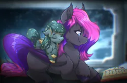 Size: 2640x1716 | Tagged: safe, artist:witchtaunter, derpibooru import, oc, oc:slipspace perigee, oc:star lily, unofficial characters only, bat pony, pony, bed, book, duo, duo female, female, filly, foal, glow, glowing mane, glowing tail, image, lying down, mother, mother and child, mother and daughter, offspring, planet, png, reading, riding, riding a pony, sleeping, space, spaceship, stars, tail