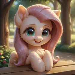 Size: 1280x1280 | Tagged: safe, ai content, derpibooru import, generator:bluefox mix, machine learning generated, prompter:adorablebluefox, stable diffusion, fluttershy, pegasus, pony, g4, adorable face, bench, cheek fluff, chest fluff, cute, detailed, ear fluff, female, filly, fluffy, foal, happy, hoof fluff, image, looking at you, mare, open mouth, open smile, png, shyabetes, smiling, smiling at you, solo, tree, weapons-grade cute