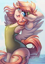 Size: 2896x4096 | Tagged: safe, artist:chaosangeldesu, derpibooru import, oc, unofficial characters only, pegasus, semi-anthro, arm behind head, armpits, bipedal, clothes, female, image, jpeg, one-piece swimsuit, open mouth, open smile, smiling, solo, swimsuit