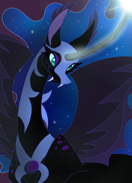 Size: 1628x2264 | Tagged: safe, artist:rendoesstufff, derpibooru import, nightmare moon, alicorn, pony, bust, curved horn, ear fluff, fangs, female, glow, glowing horn, helmet, horn, image, mare, night, png, solo, spread wings, wings