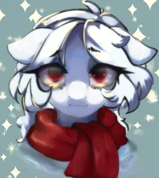 Size: 3578x4000 | Tagged: safe, artist:flutterbutt, derpibooru import, oc, oc:snowflake warm, unofficial characters only, pony, bust, clothes, image, light skin, png, portrait, present, red eyes, scarf, solo