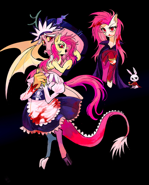 Size: 1559x1933 | Tagged: semi-grimdark, artist:sadistjolt, derpibooru import, angel bunny, discord, fluttershy, bat pony, draconequus, rabbit, undead, vampire, animal, bat ponified, black background, blood, clothes, duo, flutterbat, fluttergoth, goth, image, jpeg, maid, maid discord, race swap, simple background, trio