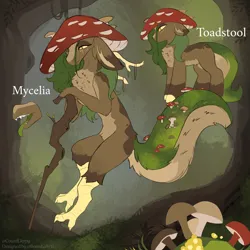 Size: 3000x3000 | Tagged: safe, artist:beardie, derpibooru import, oc, oc:mycelia, unofficial characters only, draconequus, pony, adoptable, forest, forest background, hat, image, mushroom, mushroom hat, png, reference sheet, tree, walking stick