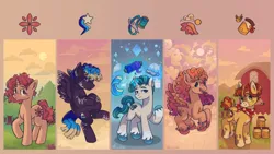 Size: 3840x2160 | Tagged: safe, artist:alex6886, derpibooru import, oc, oc:beauty gaze, oc:cosmic star, oc:cotton bloom, oc:honey drops, oc:sunday breeze, unofficial characters only, bee, earth pony, insect, pegasus, pony, unicorn, bandana, barn, blue eyes, bracelet, brown eyes, cloud, coat markings, colored wings, crystal, cutie mark, detailed background, female, food, forest, gem, green eyes, honey, horn, image, jewelry, magic, male, mare, mountain, multicolored hair, multicolored mane, multicolored wings, multiple characters, multiple cutie marks, nature, open mouth, orange coat, orange mane, orchard, pink coat, pink mane, png, socks (coat marking), spread wings, stallion, telekinesis, tree, unshorn fetlocks, vitiligo, wings, yellow coat