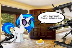 Size: 600x400 | Tagged: safe, artist:epicheavytf2, artist:pyrogaming, derpibooru import, vinyl scratch, pony, unicorn, g4, absolutenutcase162, cheese, door, female, flamethrower, food, gun, horn, house, image, imminent death, interior, jpeg, mare, meme, plate, rocket launcher, shitposting, smiling, solo, speech bubble, team fortress 2, this will end in death, this will end in tears, this will end in tears and/or death, turret, vinyl's glasses, weapon, wrong aspect ratio