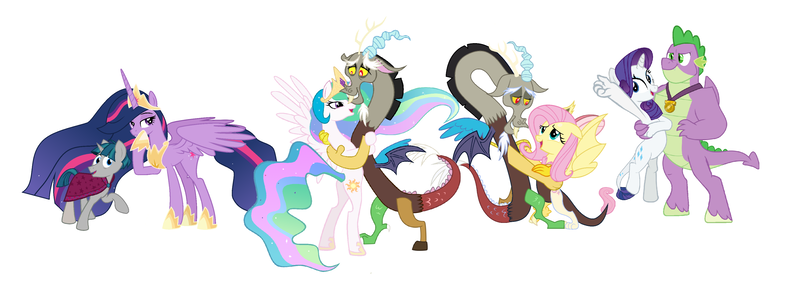 Size: 3807x1392 | Tagged: safe, alternate version, derpibooru import, edit, editor:proto29, discord, fluttershy, princess celestia, princess twilight 2.0, rarity, spike, stygian, twilight sparkle, twilight sparkle (alicorn), alicorn, draconequus, dragon, hybrid, pony, unicorn, g4, the last problem, derpibooru exclusive, discoshy, dislestia, draconequified, dragonified, duality, duo, female, flutterequus, gigachad spike, horn, image, immortality blues no more, male, mismatched ears, mismatched wings, older, older spike, older twilight, older twilight sparkle (alicorn), png, race swap, raridragon, shipping, simple background, sparity, species swap, stallion, straight, transformation, twigian, twiligian, white background, winged spike, wings