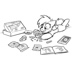 Size: 3000x2500 | Tagged: safe, artist:captainhoers, derpibooru import, oc, oc:concorde, unofficial characters only, pegasus, pony, black and white, foal, grayscale, image, jpeg, lying down, model kit, monochrome, offspring, parent:soarin', parent:spitfire, parents:soarinfire, prone, simple background, solo, sploot, tongue out, white background