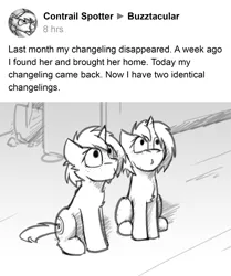 Size: 2000x2397 | Tagged: safe, artist:captainhoers, derpibooru import, oc, unofficial characters only, changeling, pony, unicorn, black and white, changeling oc, disguise, disguised changeling, duo, duo female, female, grayscale, horn, image, jpeg, looking up, mare, monochrome, self paradox, self ponidox, sitting, text