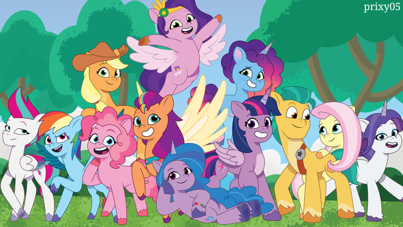 Size: 1716x968 | Tagged: safe, artist:edy_january, artist:prixy05, derpibooru import, editor:edy_january, applejack, fluttershy, hitch trailblazer, izzy moonbow, pinkie pie, pipp petals, rainbow dash, rarity, sunny starscout, twilight sparkle, twilight sparkle (alicorn), zipp storm, alicorn, earth pony, pegasus, pony, unicorn, g4, g5, my little pony: tell your tale, applejack's hat, cowboy hat, female, field, g4 to g5, generation leap, group, hat, hitch and his 2nd heroine, hitch and his heroine, horn, image, izzy and her heroine, male, misty and her 2nd heroine, misty and her heroine, misty brightdawn, national park, pipp and her heroine, png, remake, reunion, reunion friendships, ship:flutterhitch, shipping, straight, sunny and her heroine, tree, wallpaper, zipp and her heroine