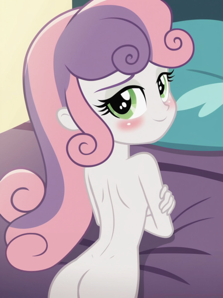 Size: 896x1200 | Tagged: prompter needed, questionable, ai content, banned from derpibooru, machine learning generated, sweetie belle, equestria girls, bed, bedroom, bedroom eyes, blushing, butt, child, complete nudity, female, image, indoors, lolicon, looking at you, looking back, looking back at you, lying down, nudity, pillow, png, smiling, solo, underage, what are we gonna do on the bed?