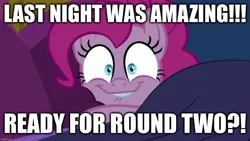 Size: 1280x720 | Tagged: suggestive, derpibooru import, edit, edited screencap, screencap, pinkie pie, earth pony, pony, bed, bronybait, caption, excited, female, image, image macro, implied sex, jpeg, looking at you, mare, smiling, text