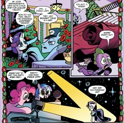 Size: 1996x1986 | Tagged: safe, artist:andy price, derpibooru import, idw, pinkie pie, rarity, spike, unnamed character, unnamed pony, vinyl scratch, dragon, earth pony, pony, unicorn, g4, spoiler:comic, spoiler:comicholiday2019, abuse, carpet, hearth's warming tree, horn, image, jpeg, spikeabuse, spotlight, throwing, tree