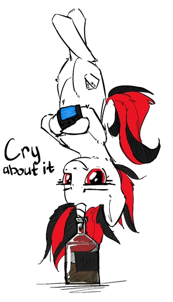 Size: 681x1188 | Tagged: safe, artist:uteuk, derpibooru import, oc, oc:blackjack, unofficial characters only, pony, unicorn, fallout equestria, fallout equestria: project horizons, alcohol, bottle, cry about it, drink, fanfic art, horn, image, jpeg, looking at you, pipbuck, queen whiskey, simple background, solo, upside down, white background