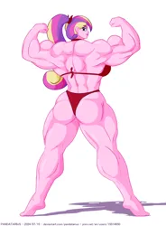 Size: 2242x3046 | Tagged: suggestive, artist:pandatarius, derpibooru import, princess cadance, human, equestria girls, g4, ass, barefoot, bicep flex, bikini, breasts, busty princess cadance, butt, clothes, commission, dean cadance, feet, female, fetish, flexing, high res, image, looking at you, looking back, looking back at you, lovebutt, muscle fetish, muscles, muscular female, overdeveloped muscles, png, ponytail, princess ca-dense, sideboob, simple background, smiling, solo, solo female, swimsuit, white background