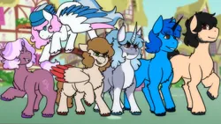 Size: 1280x720 | Tagged: safe, artist:evesartspot124, derpibooru import, oc, oc:"d", oc:jon, oc:miley, oc:pattern quill, oc:rapid song, unofficial characters only, earth pony, pegasus, pony, unicorn, black mane, blue eyes, blue mane, blue pony, blush lines, blushing, colored wings, cute, earth pony oc, eyebrows, fangs, female, flying, green eyes, group, group photo, group shot, happy, hat, horn, image, looking at each other, looking at someone, looking at something, male, mare, missing cutie mark, multicolored hair, multicolored mane, multicolored wings, ocs everywhere, open mouth, partially open wings, pegasus oc, png, pony oc, ponyville, purple eyes, raised hoof, red wings, scar, smiling, spread wings, stallion, standing, tail, teeth, two toned hair, two toned mane, two toned tail, two toned wings, unicorn oc, unshorn fetlocks, wings