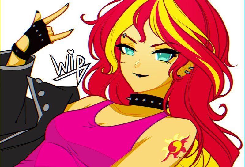 Size: 1259x857 | Tagged: safe, artist:kiyosssa, derpibooru import, sunset shimmer, human, equestria girls, g4, alternative cutie mark placement, black lipstick, breasts, cleavage, cutie mark, cutie mark on equestria girl, devil horn (gesture), female, image, jpeg, lipstick, shoulder cutie mark, simple background, solo, white background, wip