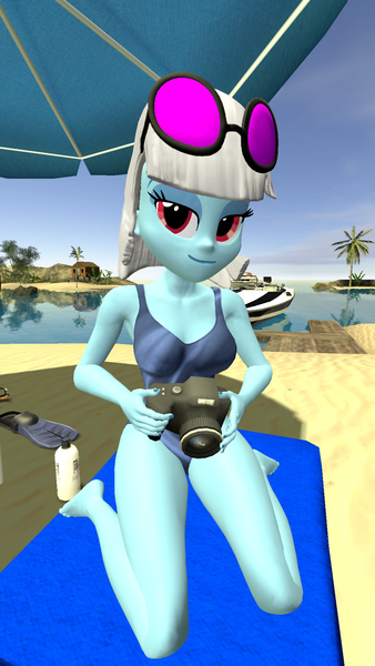 Size: 1080x1920 | Tagged: safe, artist:oatmeal!, derpibooru import, photo finish, human, equestria girls, g4, 3d, beach, boat, camera, clothes, glasses, gmod, image, kneeling, looking at you, one-piece swimsuit, png, solo, sunglasses, sunglasses on head, swimsuit, towel, tropical, variant